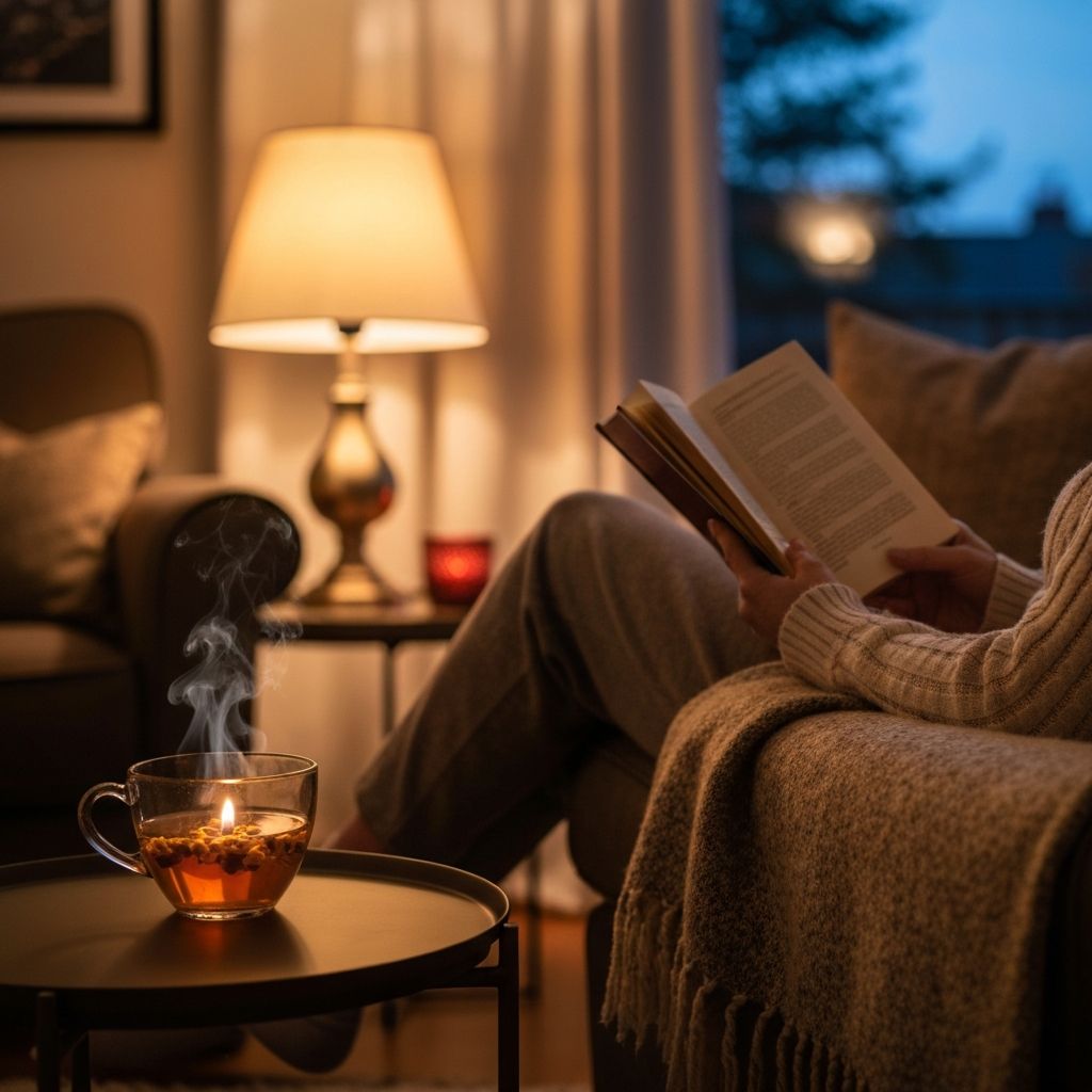 Calm evening scene with tea and book in comfortable living space
